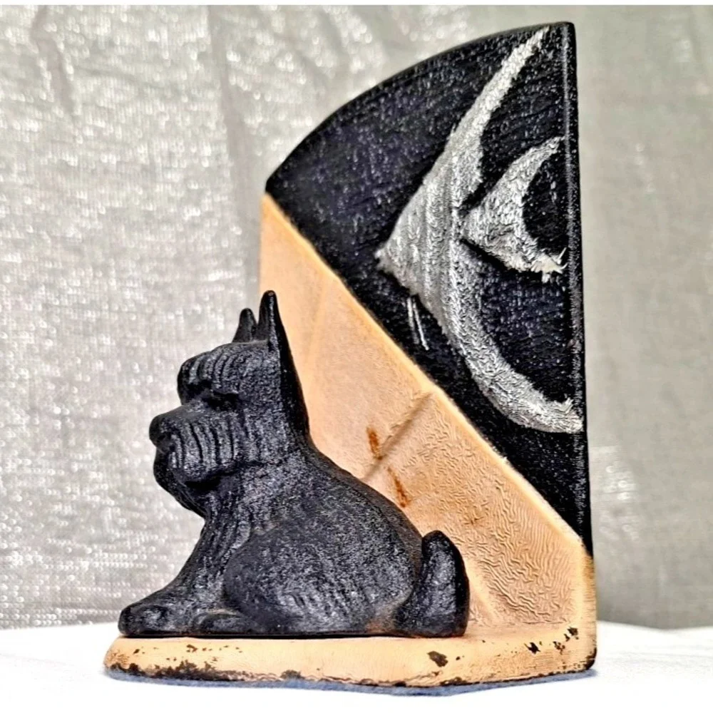 Art Deco Scottie Dog &‎ Angel Fish Cast Iron Statue Decor 1 Bookend Vintage Rare